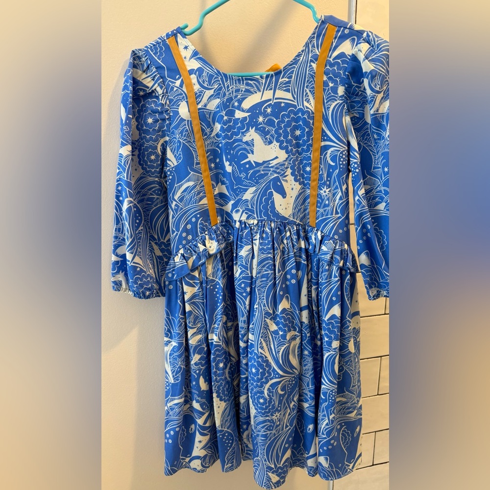 Finding Foxtale Girls Blue Floral & Bird Print Dress with Gold Trim Sz 12 nwt